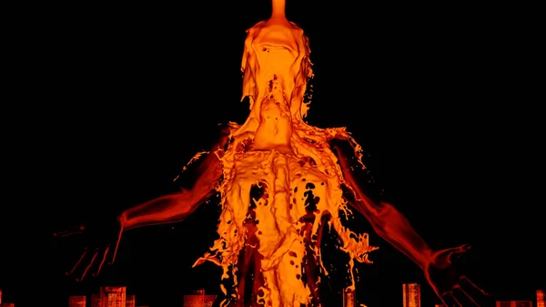 3D çizim, turuncu ışıkların olduğu bir şehirde şehvetli bir kadının üzerine lav sıvısı düşer..