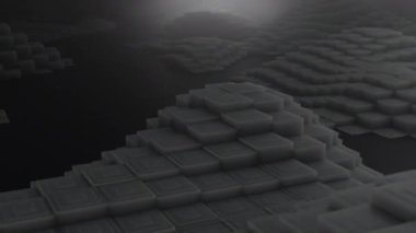 3D şekiller kusursuz bir video gibi hareket ediyor. Karanlık, pürüzsüz, hareketsiz karelerin arka planı. Küpler yukarı aşağı hareket eder ve büyüleyici bir zemin oluşturur. Parlak renk ve pürüzsüz animasyon 3D sanat. 4K Çözünürlüğü