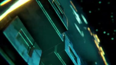 3D animasyon çizimi, neon ışıklarla siber manzara üzerinde uçmak. Yeni ve dinamik konsepte sahip 3D görseller, fütüristik ve fantastik atmosfer.