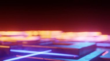 3D animasyon çizimi, neon ışıklarla siber manzara üzerinde uçmak. Dinamik konsepte sahip 3D görseller, teknolojik, fütüristik ve fantastik atmosfer. 