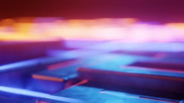 3D animasyon çizimi, neon ışıklarla siber manzara üzerinde uçmak. Dinamik konsepte sahip 3D görseller, teknolojik, fütüristik ve fantastik atmosfer. 