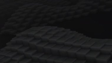3D şekiller kusursuz bir video gibi hareket ediyor. Karanlık, pürüzsüz, hareketsiz karelerin arka planı. Küpler yukarı aşağı hareket eder ve büyüleyici bir zemin oluşturur. Parlak renk ve pürüzsüz animasyon 3D sanat. 4K Çözünürlüğü
