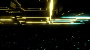 3D animasyon çizimi, neon ışıklarla siber manzara üzerinde uçmak. Yeni ve dinamik konsepte sahip 3D görseller, fütüristik ve fantastik atmosfer.