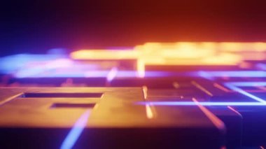 3D animasyon çizimi, neon ışıklarla siber manzara üzerinde uçmak. Dinamik konsepte sahip 3D görseller, teknolojik, fütüristik ve fantastik atmosfer. 
