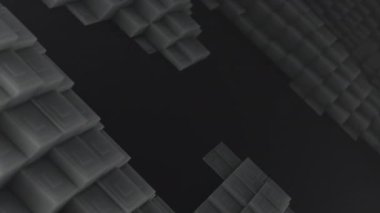 3D şekiller kusursuz bir video gibi hareket ediyor. Karanlık, pürüzsüz, hareketsiz karelerin arka planı. Küpler yukarı aşağı hareket eder ve büyüleyici bir zemin oluşturur. Parlak renk ve pürüzsüz animasyon 3D sanat. 4K Çözünürlüğü
