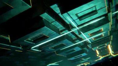 3D animasyon çizimi, neon ışıklarla siber manzara üzerinde uçmak. Yeni ve dinamik konsepte sahip 3D görseller, fütüristik ve fantastik atmosfer.