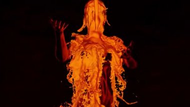 3D çizim, lav sıvısı şehvetli kadın siluetine dökülüyor, siyah arkaplan. 