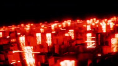 3 boyutlu görüntüleme. Küplü fütüristik manzara. Karanlıkta turuncu ışık ve soğuk neon ışıkları ile hareketli animasyon.