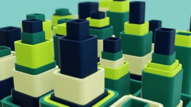 Renkli geometrik küpler. 3D şekiller kusursuz bir video gibi hareket ediyor. Küpler yukarı ve aşağı hareket etmek için canlandırılır, büyüleyici bir arka plan yaratır. 