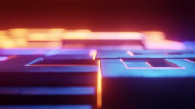 3D animasyon çizimi, neon ışıklarla siber manzara üzerinde uçmak. Dinamik konsepte sahip 3D görseller, teknolojik, fütüristik ve fantastik atmosfer. 