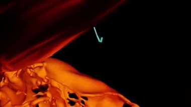 3D çizim, lav sıvısı şehvetli kadın siluetine dökülüyor, siyah arkaplan. 