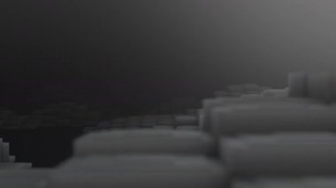3D şekiller kusursuz bir video gibi hareket ediyor. Karanlık, pürüzsüz, hareketsiz karelerin arka planı. Küpler yukarı aşağı hareket eder ve büyüleyici bir zemin oluşturur. Parlak renk ve pürüzsüz animasyon 3D sanat. 4K Çözünürlüğü