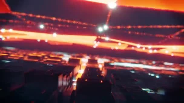 3Dレンダリング 寒いネオンライトで暗闇でオレンジ色光プレクサス効果を持つキューブの動きアニメーションと未来的な風景 — ストック動画