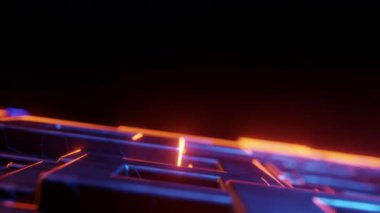 3D animasyon çizimi, neon ışıklarla siber manzara üzerinde uçmak. Dinamik konsepte sahip 3D görseller, teknolojik, fütüristik ve fantastik atmosfer. 