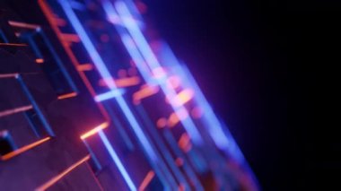 3D animasyon çizimi, neon ışıklarla siber manzara üzerinde uçmak. Dinamik konsepte sahip 3D görseller, teknolojik, fütüristik ve fantastik atmosfer. 