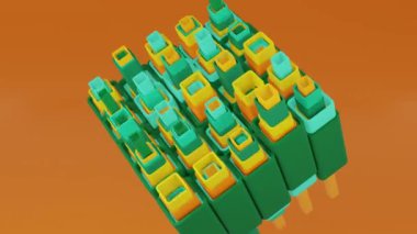 3 boyutlu arkaplan özeti. Soyut animasyon tatmin edici. Hareketli geometrik küpler. 4K kusursuz döngülü video. 3D şekiller kusursuz bir video gibi hareket ediyor. Küpler yavaş ve hipnotize edici bir hareketle yukarı ve aşağı hareket ederek büyüleyici bir zemin oluşturur..
