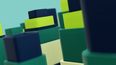Renkli 3 boyutlu geometrik küplerin 4K videosu. 3D şekiller kusursuz bir video gibi hareket ediyor. Küpler yavaş ve büyüleyici bir hareketle yukarı ve aşağı hareket ederek büyüleyici bir zemin yaratıyor. canlı renkler ve pürüzsüz animasyon 3D sanat