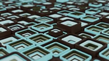Renkli 3 boyutlu geometrik küplerin 4K videosu. 3D şekiller kusursuz bir video gibi hareket ediyor. Küpler yavaş ve büyüleyici bir hareketle yukarı ve aşağı hareket ederek büyüleyici bir zemin yaratıyor. canlı renkler ve pürüzsüz animasyon 3D sanat