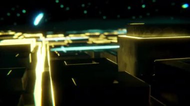3D animasyon çizimi, neon ışıklarla siber manzara üzerinde uçmak. Yeni ve dinamik konsepte sahip 3D görseller, fütüristik ve fantastik atmosfer.
