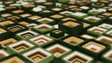 Renkli 3 boyutlu geometrik küplerin 4K videosu. 3D şekiller kusursuz bir video gibi hareket ediyor. Küpler yavaş ve büyüleyici bir hareketle yukarı ve aşağı hareket ederek büyüleyici bir zemin yaratıyor. canlı renkler ve pürüzsüz animasyon 3D sanat