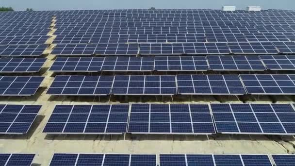 Alternativ energi, vy av solpaneler i fält från höjd — Stockvideo