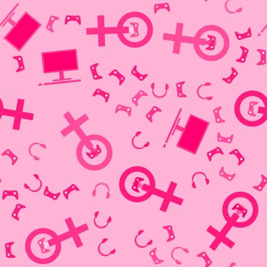 Oyun kız desen. Venüs ayna, denetleyicisi, bilgisayar, kulaklık. Hoş ve güzel vektör grafik illüstrasyon