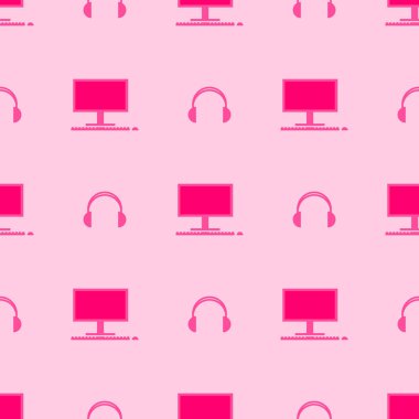 Oyun desen. Bilgisayar, kulaklık. Hoş ve güzel vektör grafik illüstrasyon