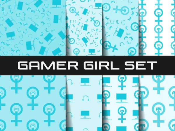 Oyun kız Dikişsiz desen ayarlayın. Venüs ayna, denetleyicisi, bilgisayar, kulaklık. Hoş ve güzel vektör grafik illüstrasyon