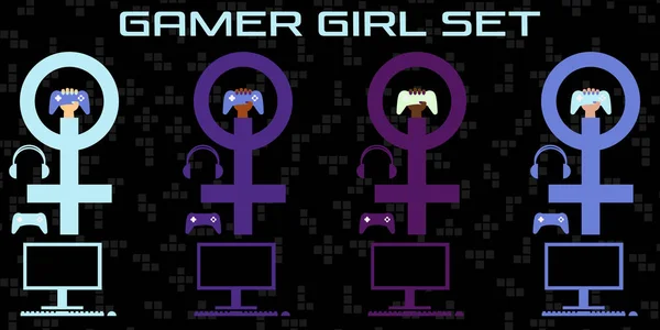 Oyun kız küme. Venüs ayna, denetleyicisi, bilgisayar, kulaklık. Hoş ve güzel vektör grafik illüstrasyon
