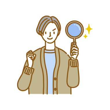 Büyüteç tutan ve yumruk pompası yapan bir kadın.