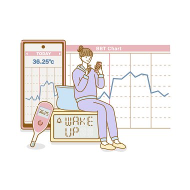 Temel vücut ısısını akıllı telefon uygulamasına kaydederek sağlığını kontrol eden gülümseyen genç bir kadının görüntüsü.