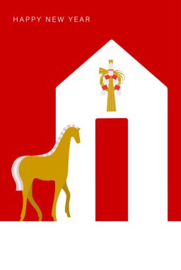 Yeni Yıl Malzemeleri: Shimenawa ile süslenmiş bir ev ve atın yer aldığı sade ve şık bir Yeni Yıl kartı malzemesi (At Yılı))