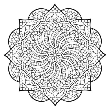 Mandala. Kına, dövme ve süslemeler için doğu dairesel desen. Boyama kitabı sayfası. Vektör illüstrasyonu.