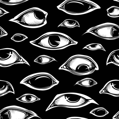 Siyah tek renkli arka planda kusursuz desenli gotik anatomik vektör gözleri, farklı göz ve göz bebekleri. Tekstil ürünleri, tişörtler, kartlar, kitaplar için harika. mistik illüstrasyon, sihir, büyücülük
