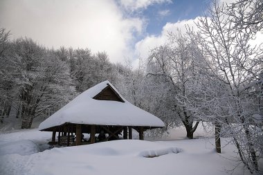 Ustrzyki Gorne, Polonya - 24 Şubat 2018: Karayolu ile bir kulübe. Kışın dağ iz Tarnica için. Kışın Bieszczady Milli Parkı. Bieszczady kışın. Karla kaplı ağaçlar ve dağlar.