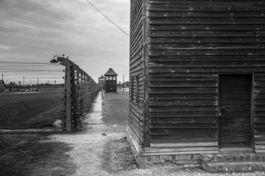 Auschwitz, Oswiecim / Polonya - 27 Ekim 2018: muhafız Kulesi. Bir toplama kampında dikenli tel. Çit elektrik akımı altında. Oswiecim Holokost Müzesi.