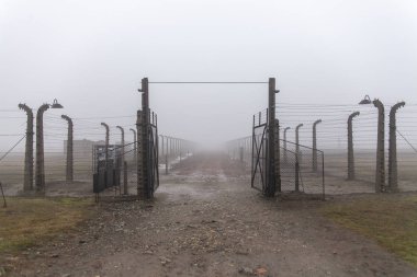 Oswiecim, Auschwitz-Birkenau, Polonya/10 Şubat 2019 ; Auschwitz - Birkenau, toplama kampındaki iç kapı. Tren istasyonundan ölüm kampına çıkın. Polonya'daki Alman toplama kampı.
