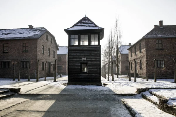 Oswiecim, Auschwitz-Birkenau, Polonya/10 Şubat 2019 ; Auschwitz'te nöbet tut. Auschwitz Müzesi - Birkenau, soykırım müzesi. Yıldönümü Toplama Kampı Kurtuluş. Toplama kampının etrafında dikenli tel.