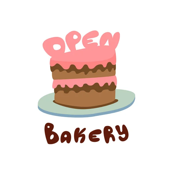 Un pastel grande y delicioso. Escrito en él, abierto . — Vector de stock