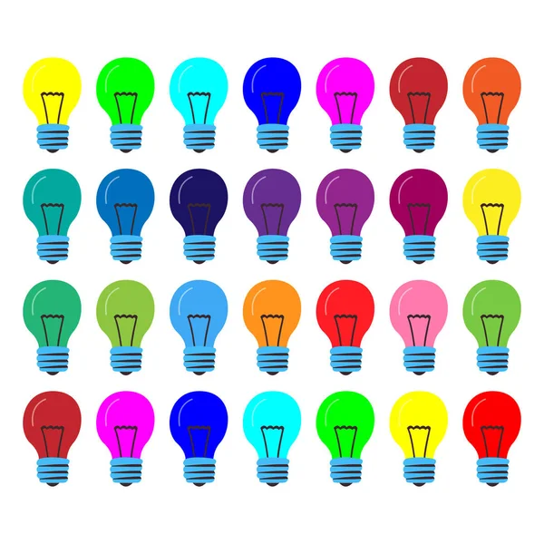 Muchas lámparas del mismo tamaño en diferentes colores. Vector de dibujos animados. Concepto de ideas creativas exitosas . — Vector de stock