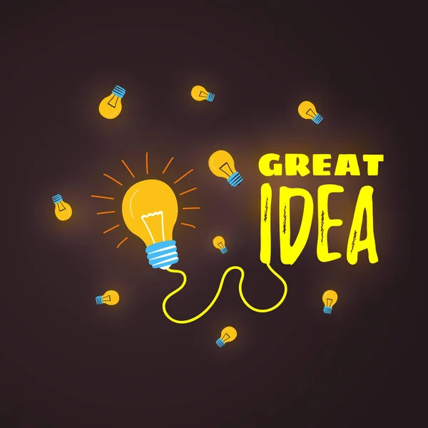 La lámpara está brillando. La inscripción es una gran idea. Vector de dibujos animados. Concepto de idea creativa . — Vector de stock