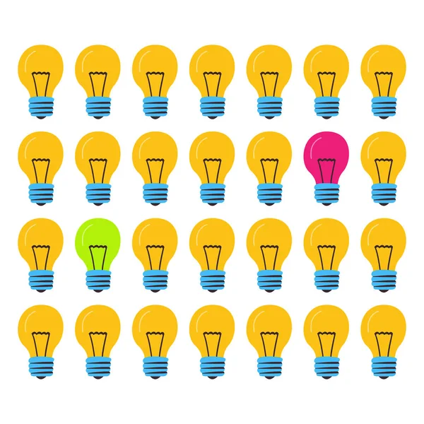 La lámpara brilla rosa y una verde. Muchas lámparas del mismo tamaño. Vector de dibujos animados. Concepto de ideas creativas exitosas . — Vector de stock