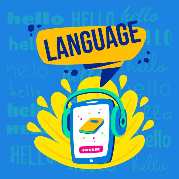 Aprender el concepto de idiomas. Clases de idiomas. En el teléfono, la elección del idioma en línea. Con los auriculares se puede escuchar . — Vector de stock
