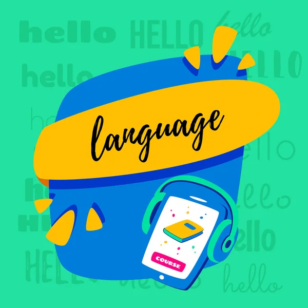 Aprender el concepto de idiomas. Clases de idiomas. En el teléfono, la elección del idioma en línea. Con los auriculares se puede escuchar . — Vector de stock