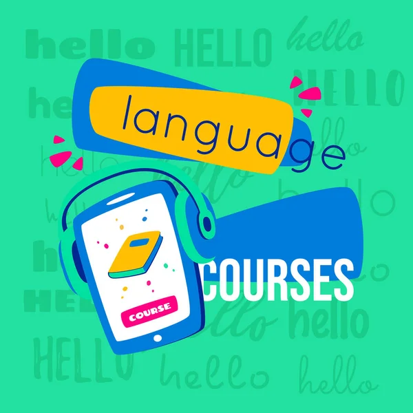 Imparare il concetto di lingue. Lezioni di lingua. Al telefono, la scelta della lingua online. Con le cuffie è possibile ascoltare . — Vettoriale Stock