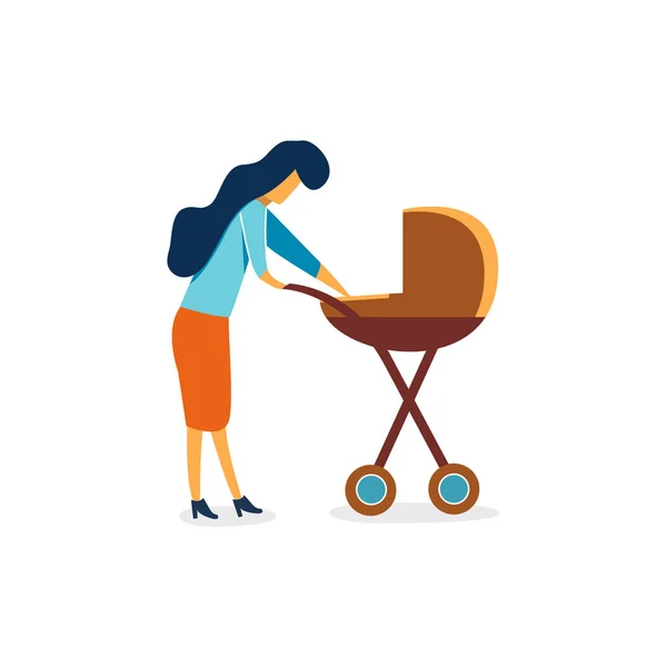 Mom walks with a baby in a stroller. Mom calms and feeds the baby in a stroller. Cartoon vector. — Free Stock Photo