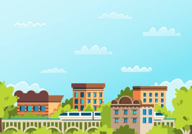 Demiryolu taşımacılığı büyük şehir. Elektrikli tren metropolis yayılıyor. Karikatür vektör.