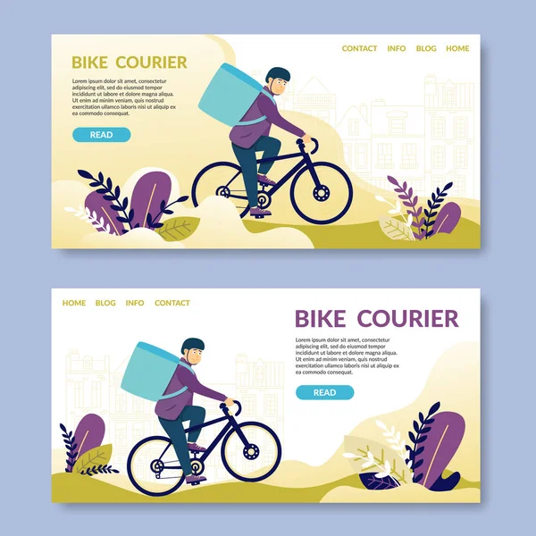 Fiets Courier.Read. Gelukkig jongeman elektrische fiets. — Stockvector