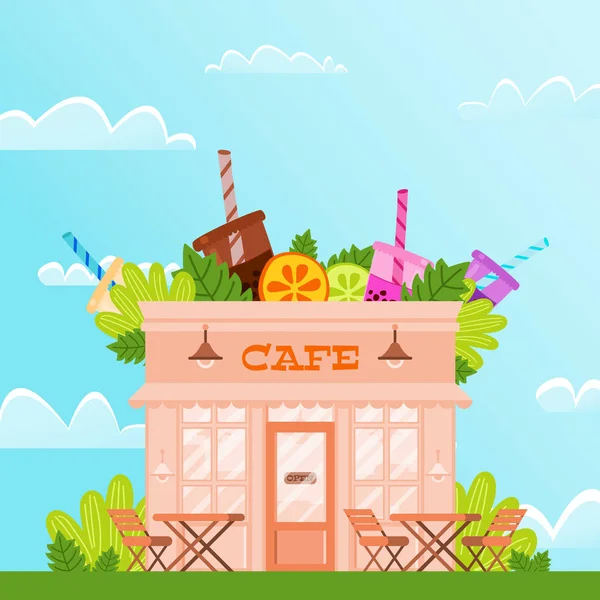 City Cafe Against Blue Sky And White Clouds. — Stock Vector