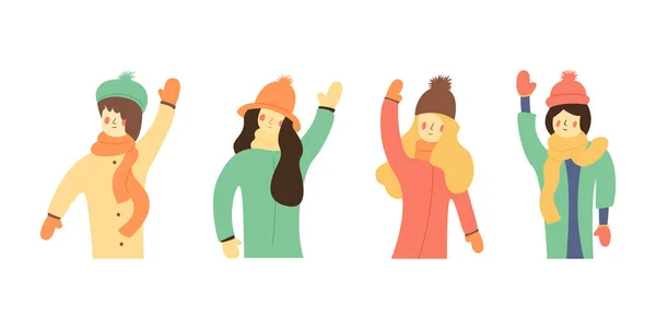 Flat Illustration Girls Wave  Hands in Greeting. — Stock Vector